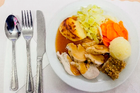 roast dinner and tableware